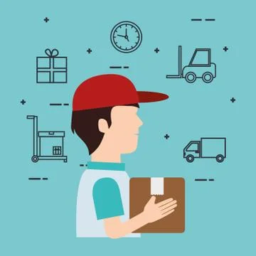 Delivery service worker character with set icons 스톡 일러스트