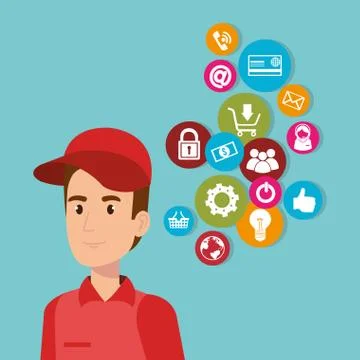 Delivery service worker character with set icons Stockillustratie
