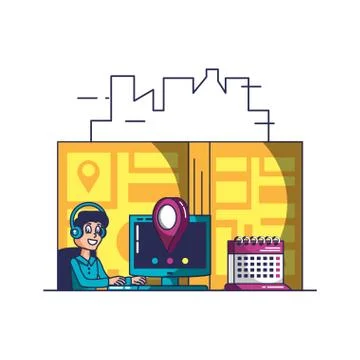 Delivery service worker with computer and icons Illustrazione stock