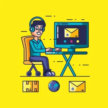 Delivery service worker with computer and icons Stock Illustration