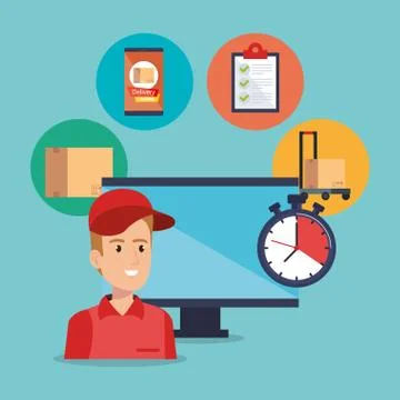 Delivery service worker with computer Stock Illustration
