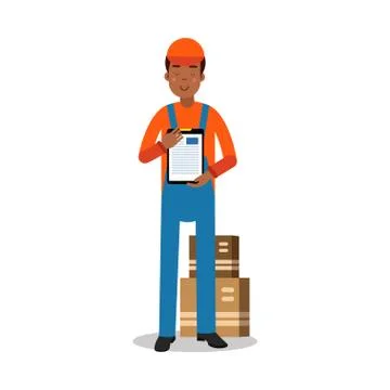 Delivery service worker delivering boxes and documents, courier in uniform at Stock Illustration