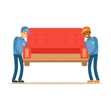 Delivery Service Worker Helping With Moving Carrying Sofa, Smiling Courier Stock Illustration