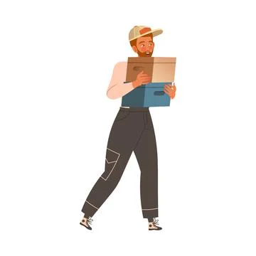 Delivery service worker or mover in overalls carrying cardboard boxes. Apartment Stock Illustration