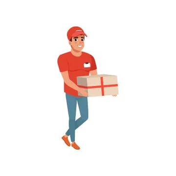 Delivery service worker with parcel in hands. Cartoon courier character in red t Stock Illustration