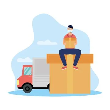 Delivery service worker using face mask lifting box and truck Illustrazione stock