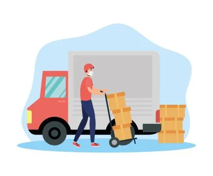 Delivery service worker using face mask with box and truck Illustrazione stock