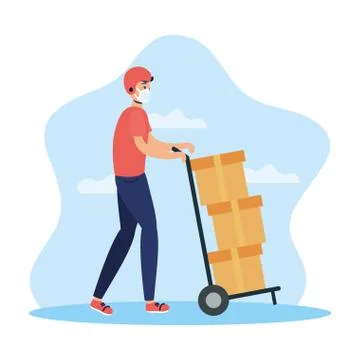 Delivery service worker using face mask with boxes in cart Illustrazione stock