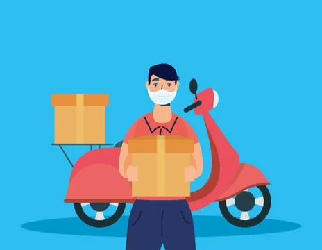 Delivery service worker using face mask in motorcycle Illustrazione stock