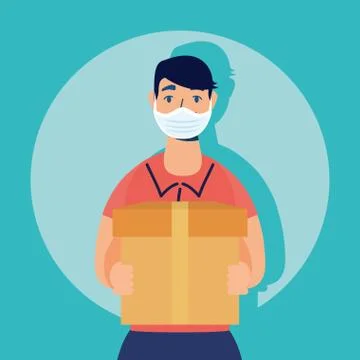 Delivery service worker using face mask lifting box Stock Illustration