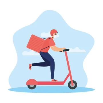 Delivery service worker using face mask in skate electric Illustrazione stock
