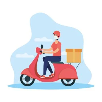 Delivery service worker using face mask in motorcycle Illustrazione stock