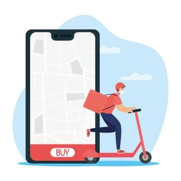 Delivery service worker using face mask in skate with smartphone Illustrazione stock