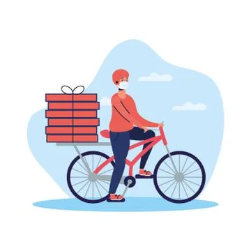 Delivery service worker using face mask in bicycle 스톡 일러스트