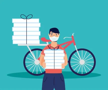 Delivery service worker using face mask in bicycle イラスト素材