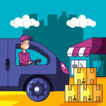 Delivery service worker with van and icons Stock Illustration