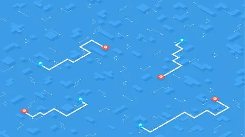 Delivery services, navigation plan for package. Red and blue GPS map markers and Stock-Illustration