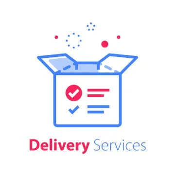 Delivery services, open box and check mark, shipment concept Stock Illustration