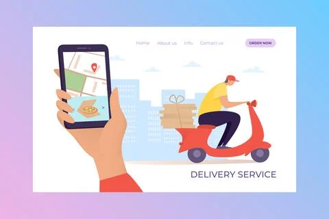 Delivery servise mobile landing vector Illustration. Order pizza at home through Stock Illustration