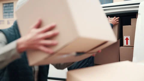 Delivery, team and loading van with boxes, shipping distribution or Stock Footage 341562104