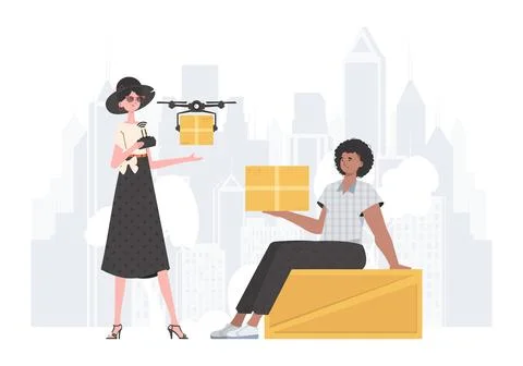 Delivery theme. The drone is transporting the parcel. Man and woman with ca.. Stock Illustration