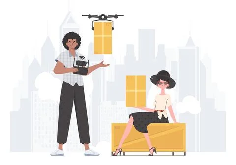 Delivery theme. The drone is transporting the parcel. Man and woman with ca.. Stock Illustration