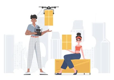 Delivery theme. The drone is transporting the parcel. Man and woman with ca.. Stock Illustration