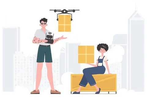 Delivery theme. The drone is transporting the parcel. Man and woman with ca.. Stock Illustration
