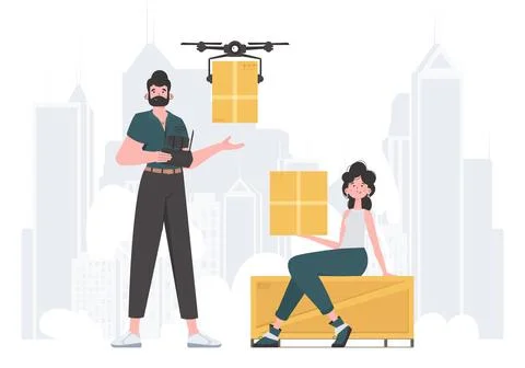 Delivery theme. The drone is transporting the parcel. Man and woman with ca.. Stock Illustration