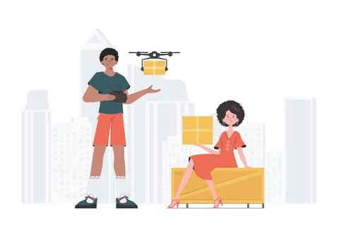 Delivery theme. The quadcopter is transporting the parcel. Man and woman wi.. Stock Illustration
