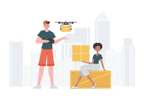 Delivery theme. The quadcopter is transporting the parcel. Man and woman wi.. Stock Illustration