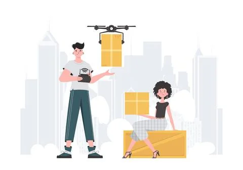 Delivery theme. The quadcopter is transporting the parcel. Man and woman wi.. Stock Illustration