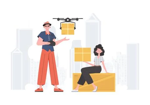 Delivery theme. The quadcopter is transporting the parcel. Man and woman wi.. Stock Illustration