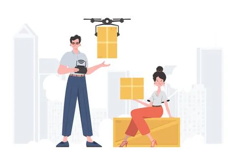 Delivery theme. The quadcopter is transporting the parcel. Man and woman wi.. Illustration