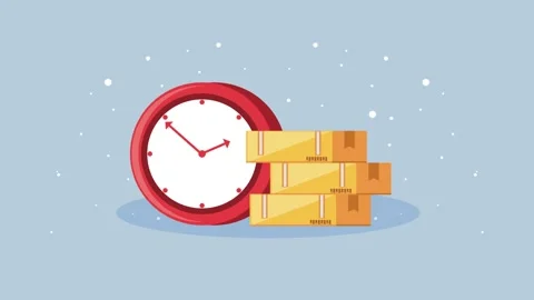 Delivery time animation with clock and stack of cardboard boxes, fast and e.. Stock Footage 333722081