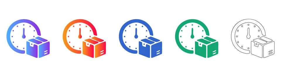 Delivery time clock with package box icon set Stock Illustration