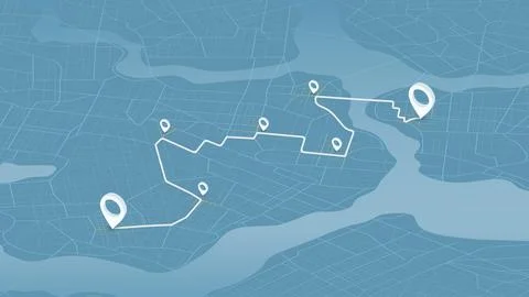Delivery track information on map. Route between multiple markers on route. Stock Illustration