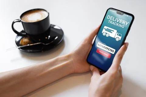 Delivery tracking application form on mobile phone screen. Business and service 스톡 사진