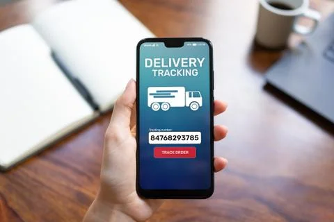 Delivery tracking application form on mobile phone screen. Business and service Stock Photos