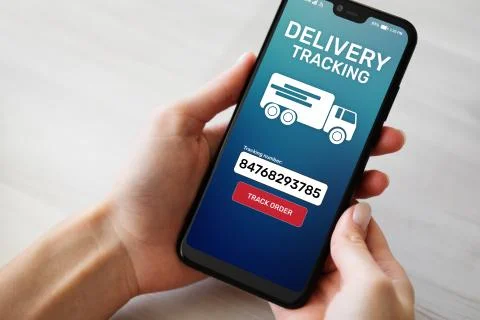 Delivery tracking application form on mobile phone screen. Business and service Stockfoto's