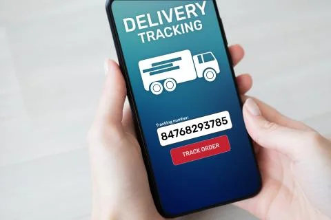 Delivery tracking application form on mobile phone screen. Business and service Fotos Stock