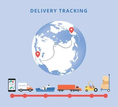 Delivery tracking banner with globe icon and transport flat vector illustration. Ilustração Stock