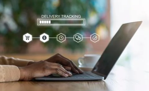 Delivery Tracking. Black Female Checking Shipping Information Of Her Order On Foto stock