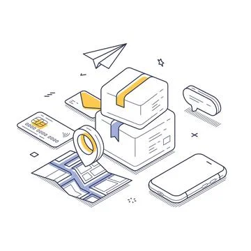 Delivery tracking concept with isometric line art illustrating various rela.. Illustrazione stock