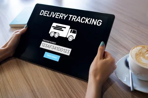 Delivery tracking form on device screen. E-commerce and business concept. Foto stock