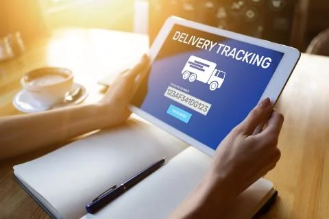 Delivery tracking form on device screen. E-commerce and business concept. Foto stock