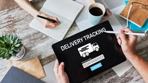 Delivery tracking form on device screen. E-commerce and business concept. Foto stock