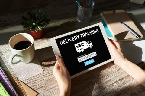 Delivery tracking form on device screen. E-commerce and business concept. Stock Photos