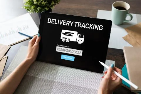 Delivery tracking form on device screen. E-commerce and business concept. Stock Photos