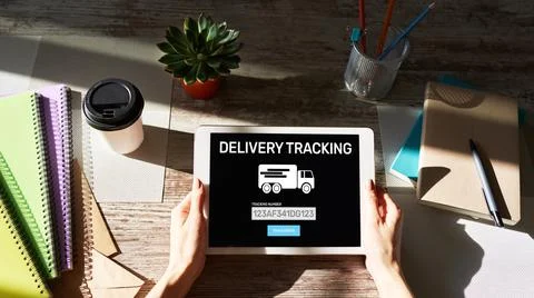 Delivery tracking form on device screen. E-commerce and business concept. 스톡 사진